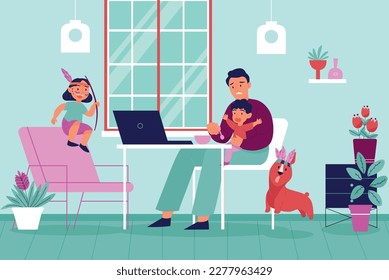 Flat stressed parenting concept with dad trying to feed baby while playful kid and dog disturbing him vector illustration