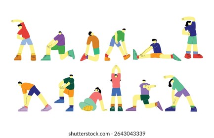 Conjunto de Ilustração de Alongamento Plano de Pessoas - 12 Poses de Fitness e Exercícios de Aquecimento