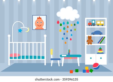 Flat striking illustration of a child's room for a baby with his portrait, furniture, toys. Vector