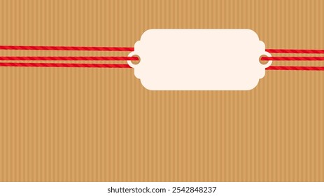 Flat striped craft background, gift tied up with cotton red rope bakers twine ribbon with blank kraft paper tag. Packing string for present, pastry box for New Year, Christmas. Vector EPS10