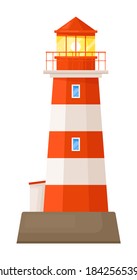 Flat striped lighthouse tower isolated on white background
