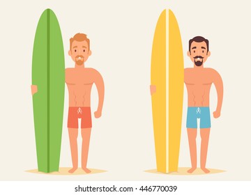 Flat Strong Character with Surfboards. Vector Illustration
