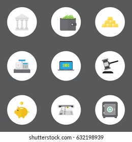Flat Strongbox, Bank, Computer And Other Vector Elements. Set Of Business Flat Symbols Also Includes Auction, Atm, Piggy Objects.