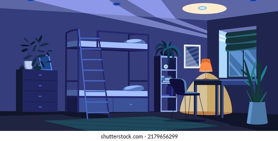 Flat Student Dormitory Dark Room Or Hostel. University Or College Dorm Bedroom Empty Interior At Night. Living Apartment Or Accommodation With Furniture, Bunk Bed, Desk With Lamp, Chair And Plants.