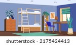 Flat student dormitory room or hostel. University or college dorm bedroom empty interior with bunk bed, desk at window, chair and bookshelf. Living apartment or accommodation with wooden furniture.