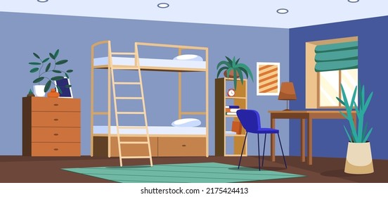 Flat Student Dormitory Room Or Hostel. University Or College Dorm Bedroom Empty Interior With Bunk Bed, Desk At Window, Chair And Bookshelf. Living Apartment Or Accommodation With Wooden Furniture.