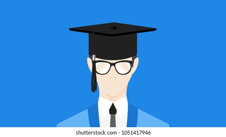 Flat Student In Realistic Vector Black Graduate Hat With Sunglasses On Blue Background.