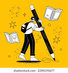 A flat student stands and holds a pencil. Men study and write. The guy is an artist, illustrator, books