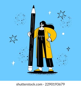 A flat student stands and holds a pencil. Women study and write. Girl artist, illustrator draws