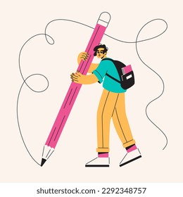 Un estudiante plano se para y sostiene un lápiz. Los hombres estudian y escriben. El tipo es artista, ilustrador