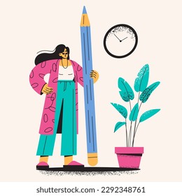 A flat student stands and holds a pencil. Women study and write. Girl artist, illustrator draws