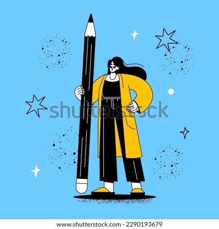 A flat student stands and holds a pencil. Women study and write. Girl artist, illustrator draws