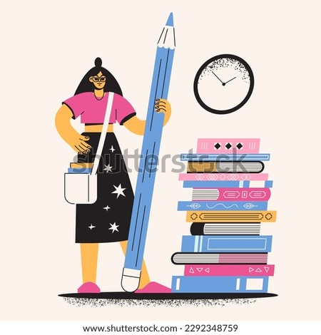 A flat student stands and holds a pencil. Women study and write. Girl artist, illustrator draws