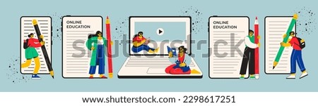 A flat student stands and holds a pencil. Women and men study, read. Online education, smartphone, laptop