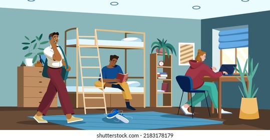 Flat students in dormitory room. Teens living together in university dorm bedroom or hostel apartment with bunk bed, table with laptop, chair and bookshelf. Multicultural teenagers preparing for exams