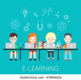 Flat students e-learning and coworking with laptops on big table vector illustration. Education and knowledge concept.