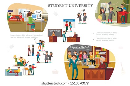 Flat students in university colorful composition with young people in different situations vector illustration