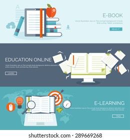 Flat study backgrounds set. Distance learning and knowledge. School and web courses.Power of education. 