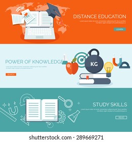 Flat study backgrounds set. Distance learning and knowledge. School and web courses.Power of education. 