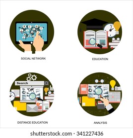 Flat study backgrounds set. Education and online courses, web tutorials, e-learning. Study and creative process.