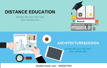 Flat study backgrounds set. Education. Study and creative process.Architecture concept. Flat design illustration concepts for working, task, construction, drawing, architectural, business