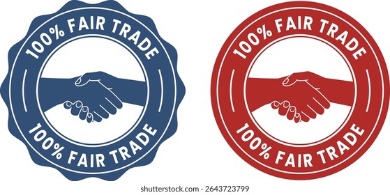 Estilo plano 100% de selos de comércio justo na Marinha e vermelho para impressão e etiquetas de produtos digitais, certificação de marca