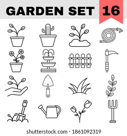 Flat Style 16 Garden Icon In Black Line Art.