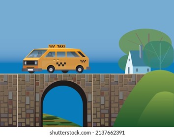 flat style 1980's taxi van moving actoss the stone bridge near the village. Vector ilustration