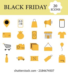 Icono De Viernes De Estilo Plano 20 Negro Fijado En Color Amarillo.