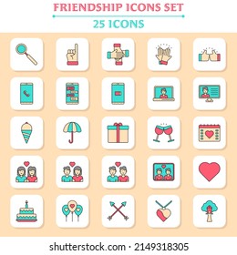 Flat Style 25 Friendship Icon Set On White And Yellow Square Background.