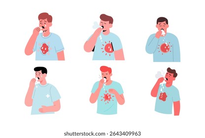 Flat style 2D vector illustration showing the signs and symptoms of pneumonia. Includes visual elements such as cough, chest pain, fever, chills, shortness of breath, fatigue, and rapid breathing.