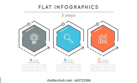 Flat style 3 steps timeline infographic template. Thin line business presentation concept. Expanded stroke.