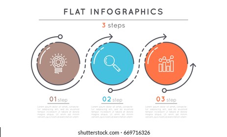 Flat style 3 steps timeline infographic template. Thin line business presentation concept. Expanded stroke.