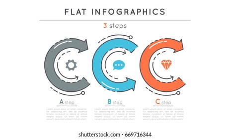 Flat style 3 steps timeline infographic template. Thin line business presentation concept. Expanded stroke.