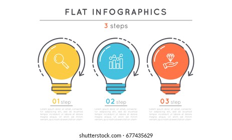 Flat style 3 steps timeline infographic template. Thin line business presentation concept. Expanded stroke.