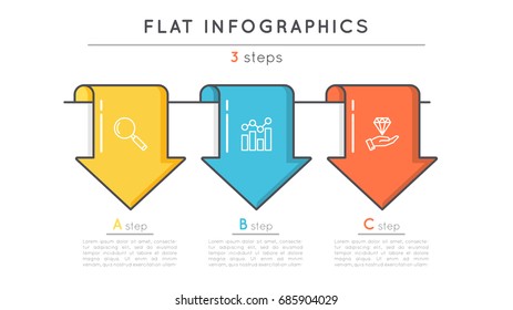 Flat style 3 steps timeline infographic template. Thin line business presentation concept. Expanded stroke.