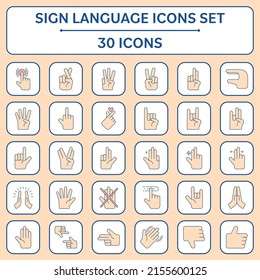 Flat Style 30 Hand Sign Language Icon Or Symbol Set.