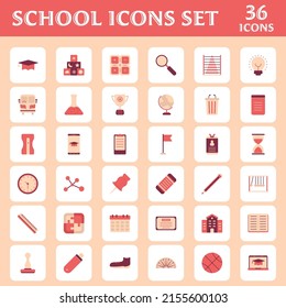 Flat Style 36 School Icon Set On Peach And White Square Background.