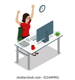 Flat style 3d isometric businesswoman manager accountant raising hands up. Success in business, well done work task concept. Creative people collection.