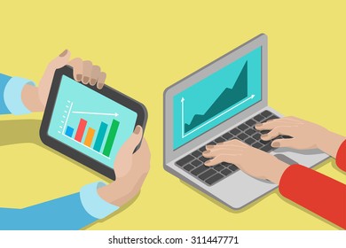 Flat style 3d isometric hands laptop tablet with chart graphic report concept. People body parts on computer electronics business finance marketing. Creative business collection. 