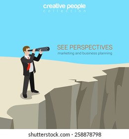 Flat style 3d isometric modern business perspectives banner poster web template infographics concept vector. Businessman looking through spyglass to the future before abyss. Creative people collection