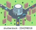 Flat style 3d isometric vector illustration concept of road traffic circular motion. Circle road connection with round office building. Place your logo on roof.
