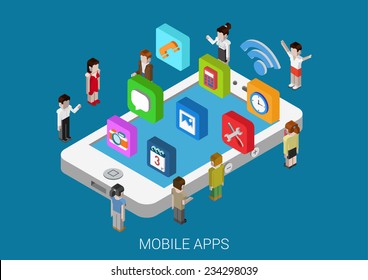 Flat style 3d isometric vector illustration concept of smart phone with micro people and casual, social media apps icons. Concept for mobile applications, development, downloading, installing, usage.