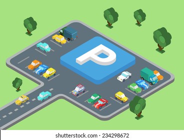 Flat style 3D isometric vector illustration concept of public outdoor open parking area. Big letter P road sign laying on parking slots. Cars on the road and stopped parked.