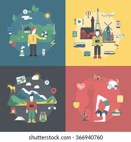 Flat style 4 banner icon set of eco friendly lifestyle, travel vacation, village countryside green tourism, sporty healthy yoga nutrition life style icons. Web site vector illustration.