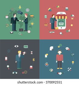 Flat style 4 banner icon set of business partnership online mobile shopping shop store package delivery promotion sale support team icons. Web site vector illustration.