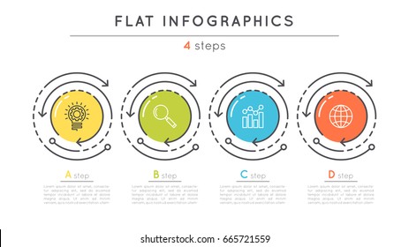 Flat style 4 steps timeline infographic template. Thin line business presentation concept. Expanded stroke.