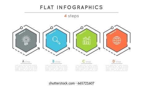 Flat style 4 steps timeline infographic template. Thin line business presentation concept. Expanded stroke.