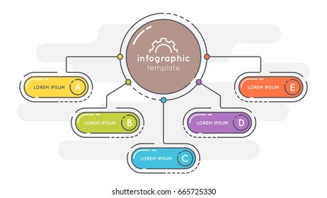 Flat style 5 options presentation infographic template. Thin line business concept. Expanded stroke.