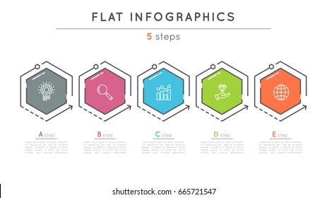 Flat style 5 steps timeline infographic template. Thin line business presentation concept. Expanded stroke.